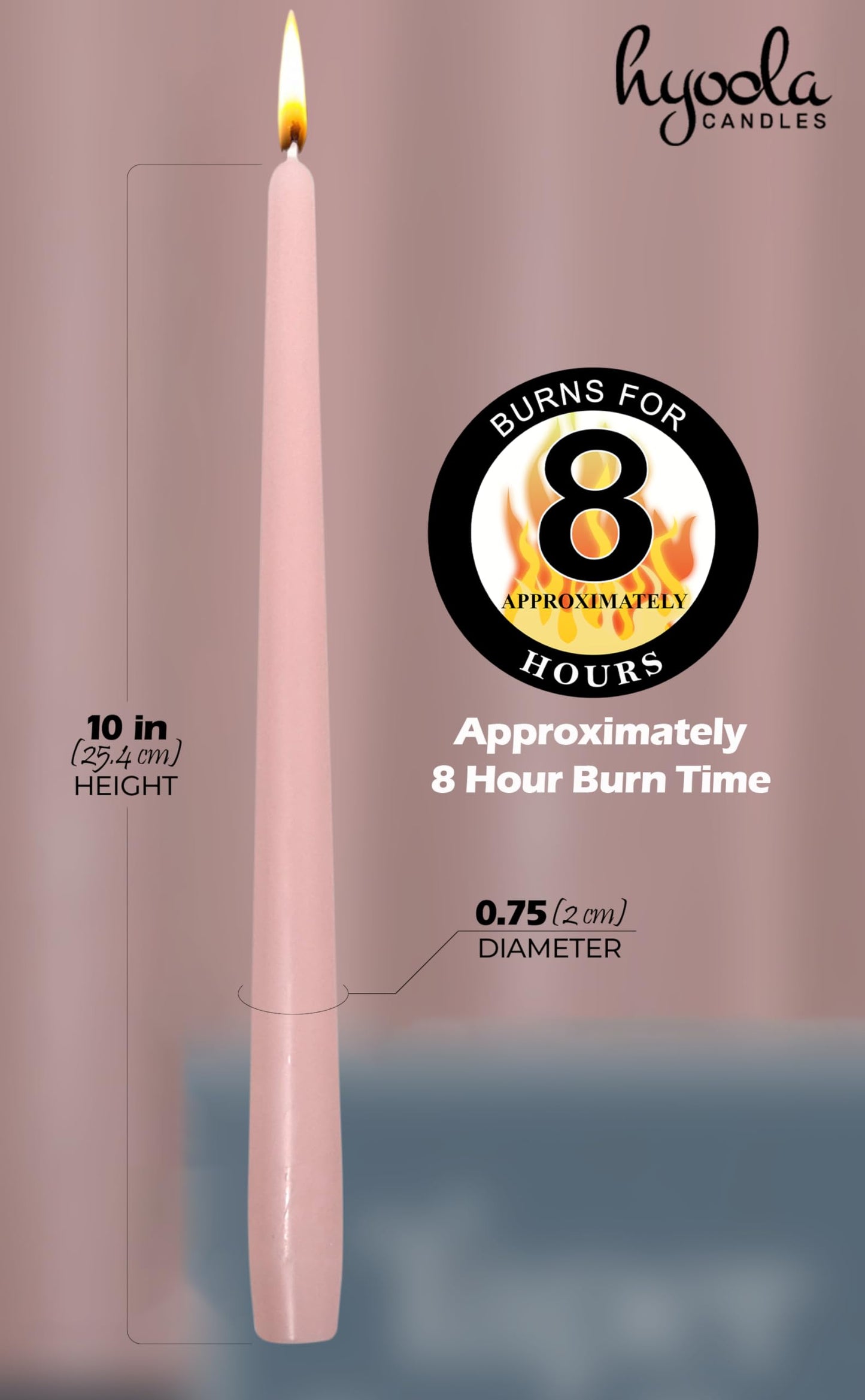 Hyoola Tall Taper Candles Bulk - 10 Inch Light Pink Unscented Dripless Taper Candles - 8 Hour Burn Time - 96 Pack