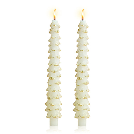 10 Inch Christmas Tree Taper Candles Set of 2, Handmade Unscented White Gold Tapered Candles Dinner Candles for Candlestick Holders, Holiday Wedding Table Decor