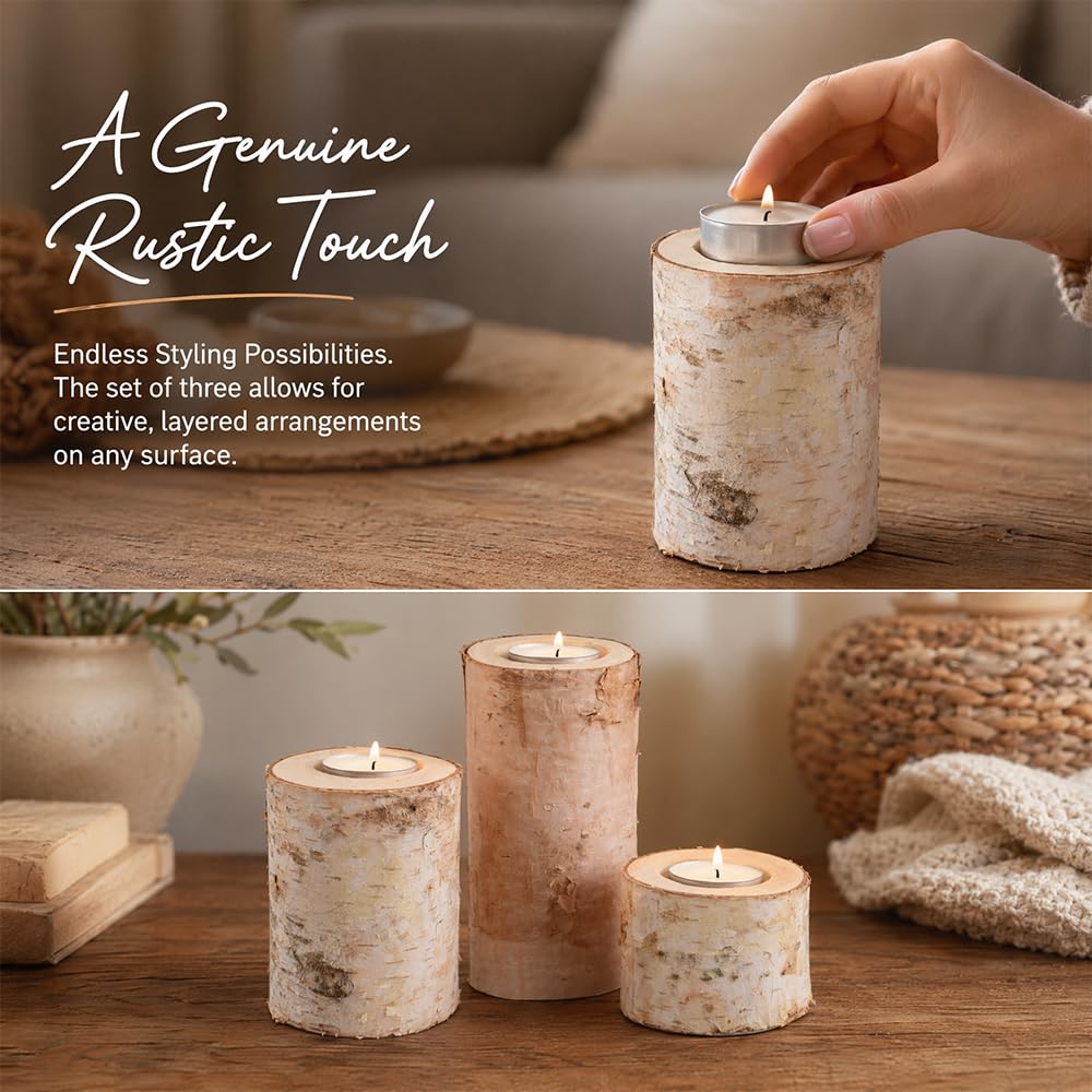 Hagao Birch Wooden Tea Light Candle Holders, Personalized Votive Tealight Holder for Wedding Party Birthday Holiday Set of 3 (2",4",6")