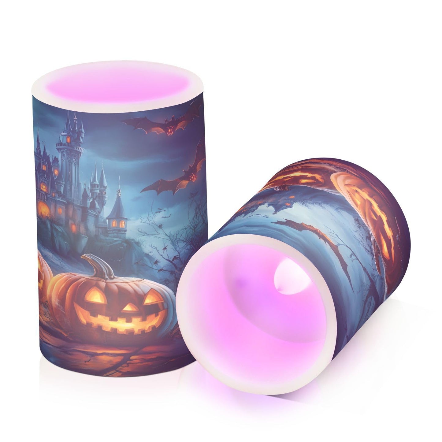 ALAZA Halloween Pumpkins Castle Flying Bat Flickering Flameless Candles Battery Operated with Remote Timer,Tea Light Candles LED Pillar Votive Candles Set of 2 for Outdoor Indoor Decorations