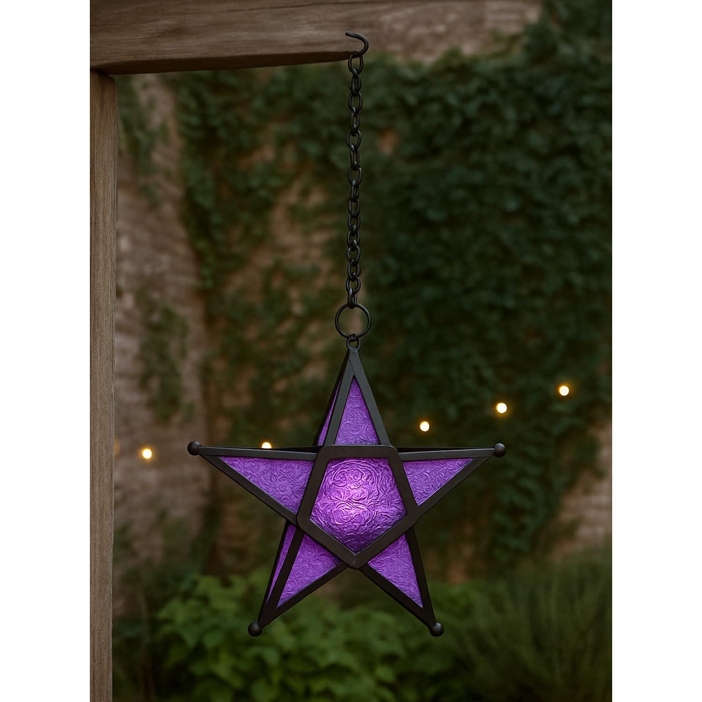 VELA LANTERNS Set of 2 Decorative Hanging Star Candle Lanterns – Moroccan Style Purple Glass & Metal Tealight Holders for Indoor, Outdoor, Patio, and Home Decor