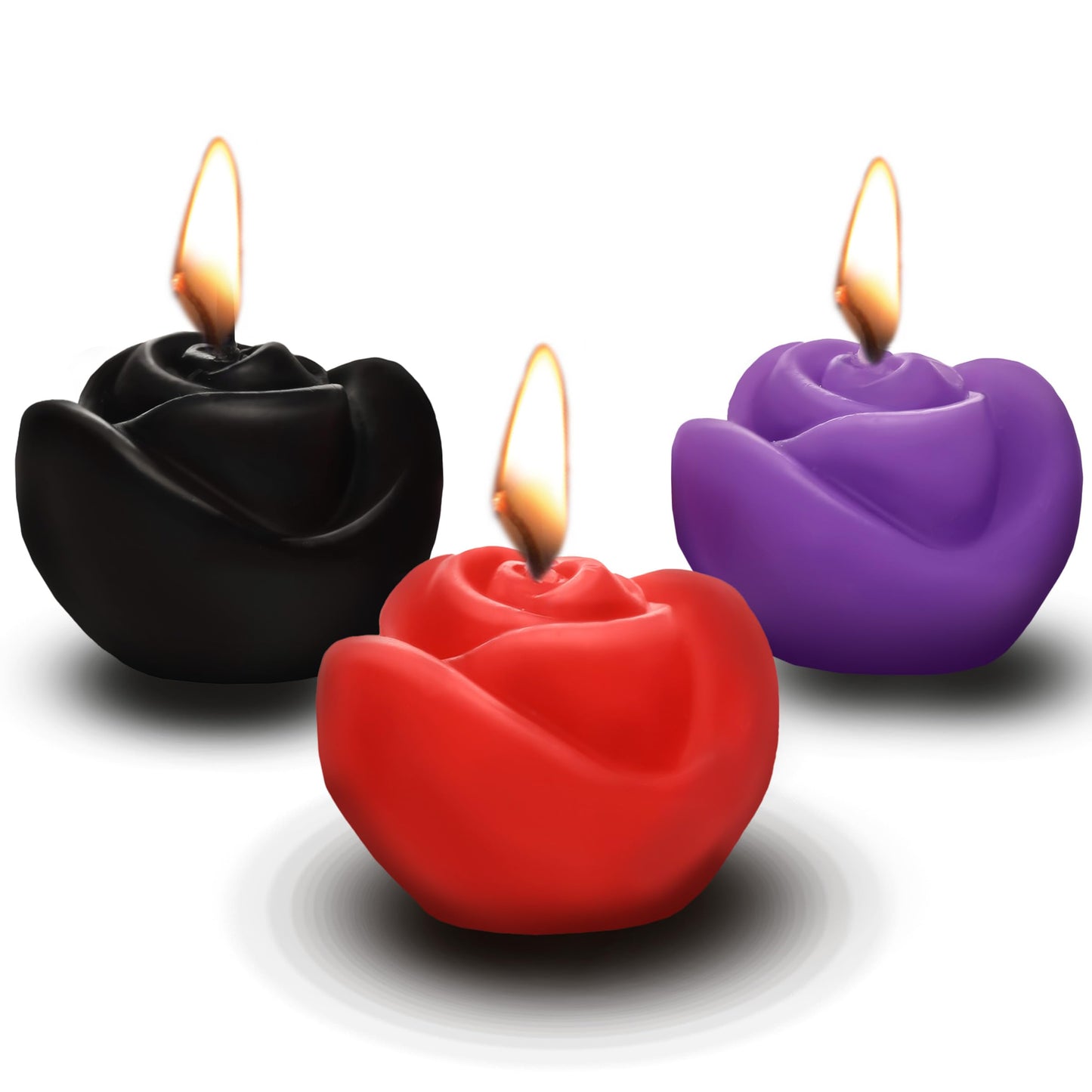 MASTER SERIES Fire Garden 3pc Rose Candle Set for Wax Play – Unscented, Low Melting Point for Beginners, Couples, Men & Women – Pairs with Rose Candle Holder – Black, Purple, Red, 3 Pieces.