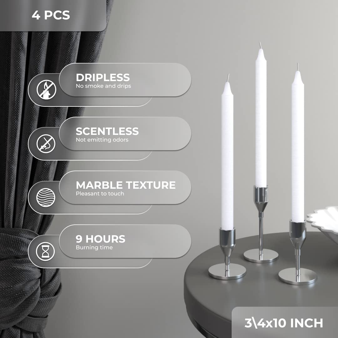 CANDWAX White Taper Candles Pack of 4 - Slow Burning Dripless Unscented Straight Candles 10 inch - Ideal for Dinner Table - Smokeless Long Candlesticks