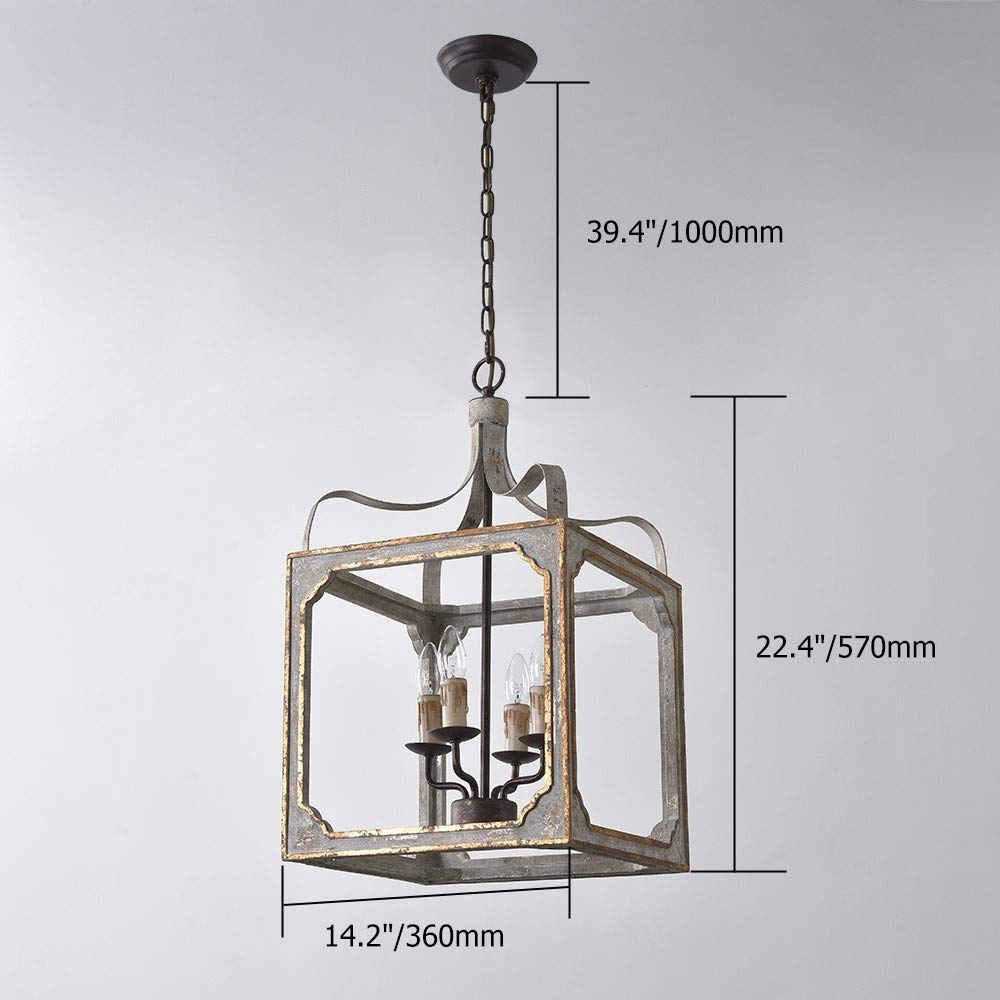 LOVEDIMA French Country Chandelier 4-Light Lantern Pendant Lighting Square Wood Metal Chandeliers Hanging Light Ceiling Light Fixtures in Antique Gray & Antique Gold