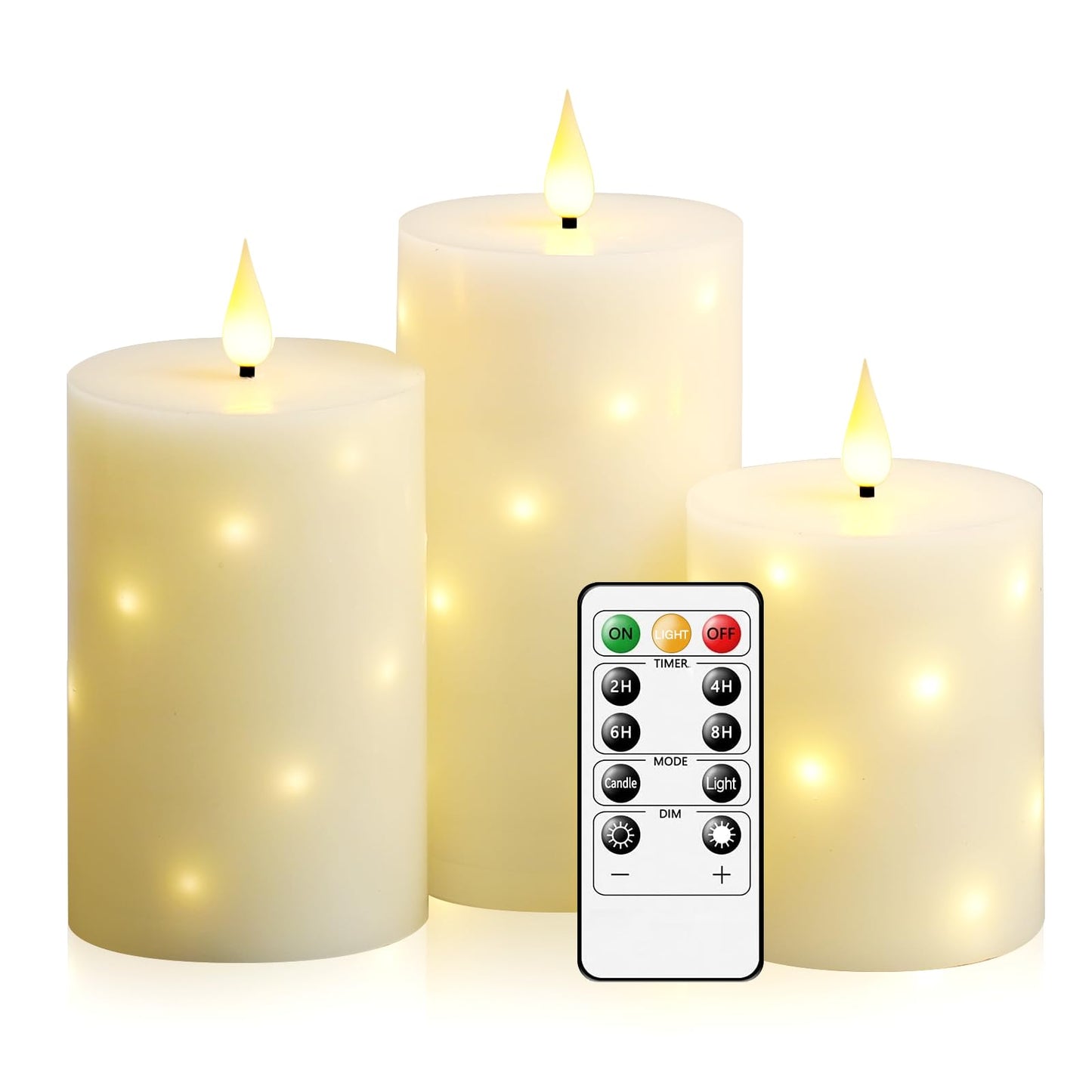 JINYANIA Flameless Candles with Embedded Star String, Real Wax Battery Operated Candles with Remote Timer, Flickering Pillar LED Candle Set for Home Decor Romantic Ambiance （Ivory）