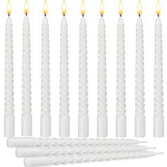 Bgtecho 12 Pack Spiral Taper Candles, 10 Inch White Tall Twisted Candlesticks, Dripless Unscented Thin Candle, Long Burning Smokeless Candles for Wedding Dinner Party Home Decor