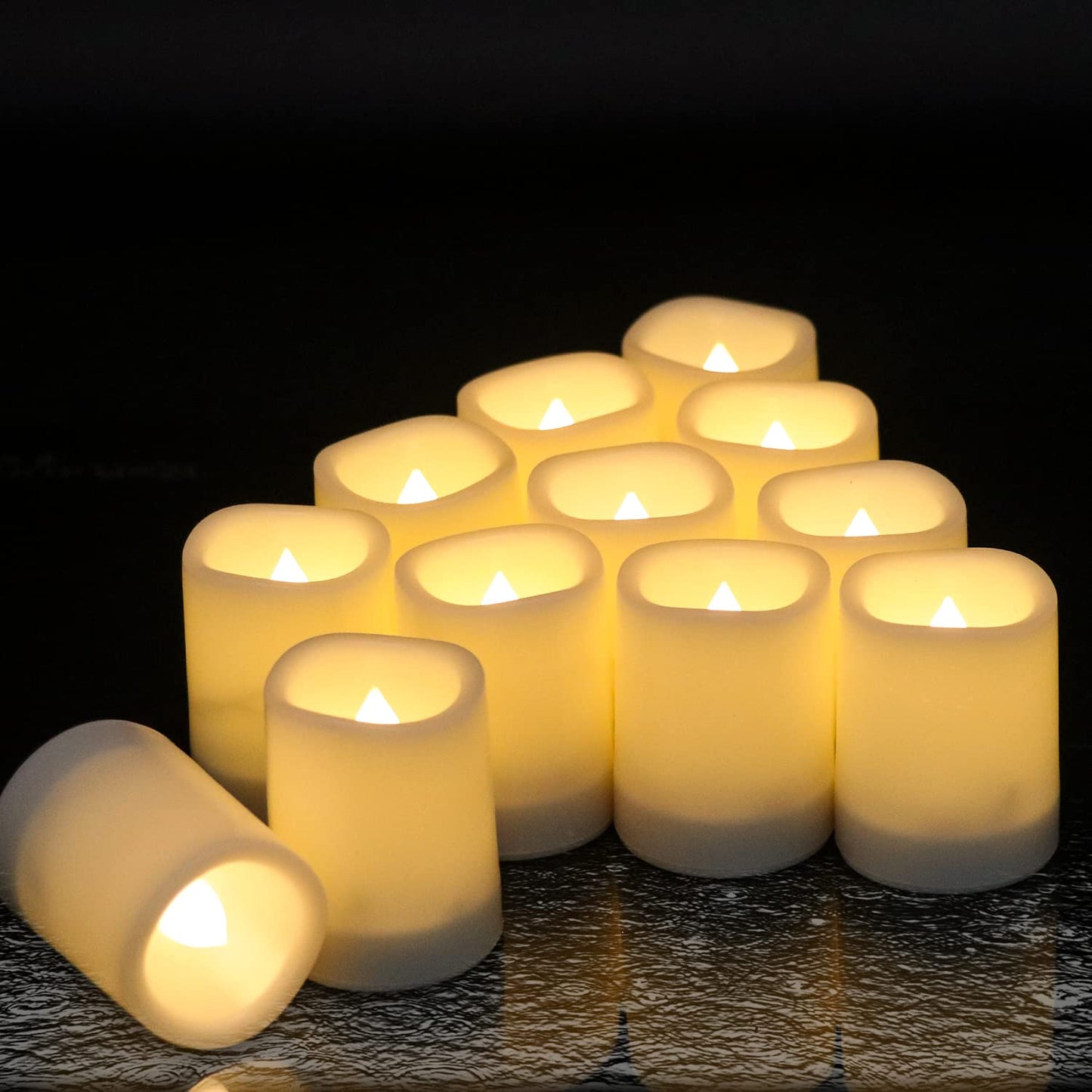 DRomance Outdoor Waterproof Flameless Votive Candles with Timer, Battery Operated LED Tealight Flickering Candles Warm Light Set of 12 Wedding Party Decor Plastic Candle(1.5 x 2 Inches)
