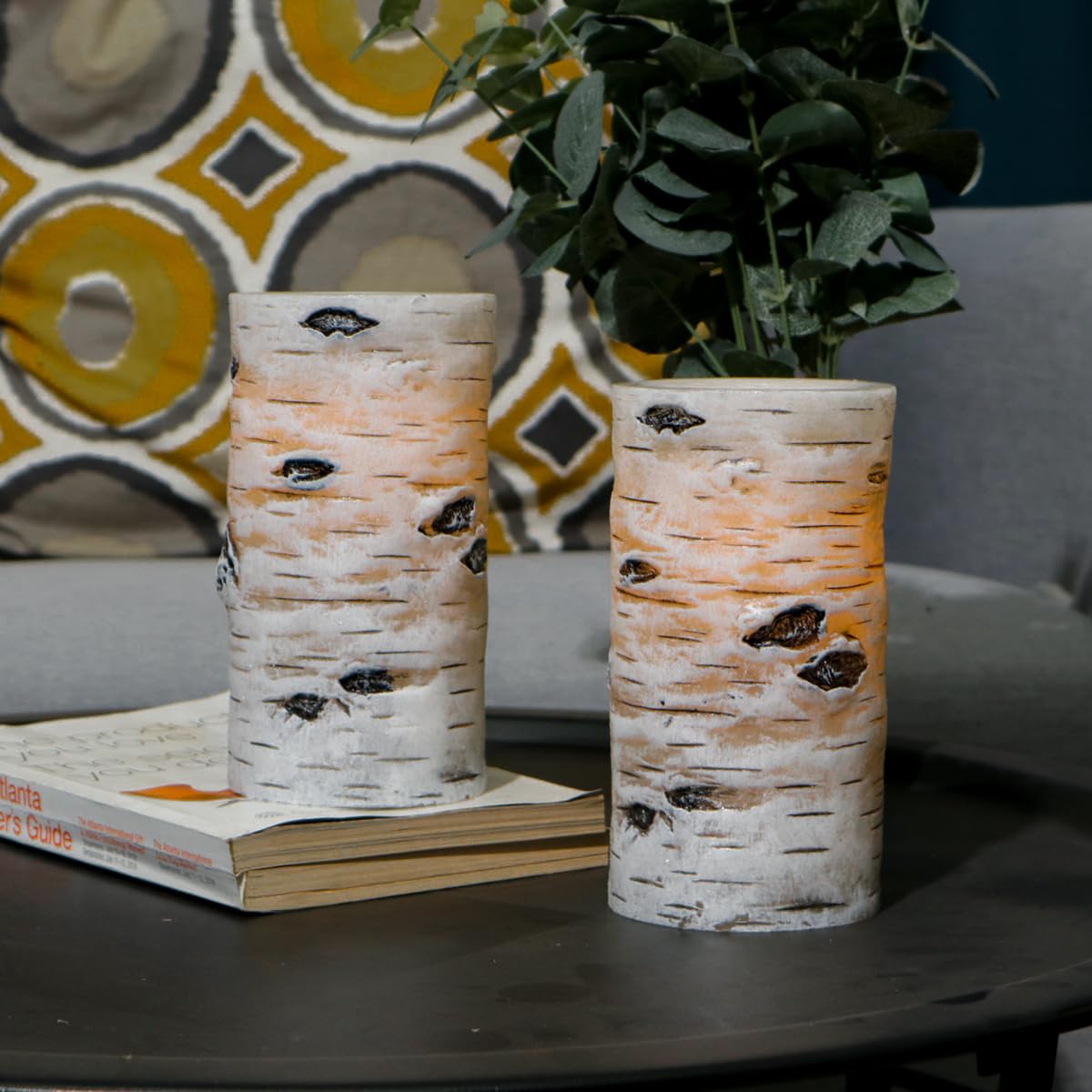 H-BLOSSOM Flickering Flameless Candles Birch Bark Effect Battery Operated Real Wax Pillar Candles LED Candles with Cycling 5H Timer Pack of 2 (3" x 6")