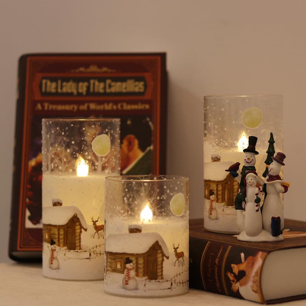 Wondise Snowman Glass Flameless Candles with Remote and Timer, Battery Operated Real Wax LED Flickering LED Candles White Cold Light Window Christmas Holiday Decor D3 x 4",5",6"