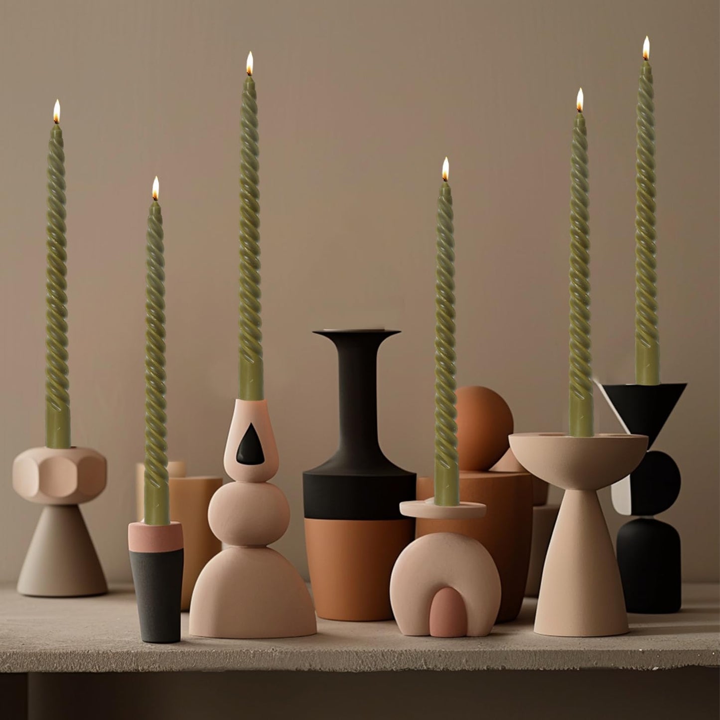 MAITREYA Olive Green Taper Candles Stick Spiral Twisted Candles-Set of 12 for Decoration Weddings Party Church-Unscented Dripless Candles,10inch(F-Olive)