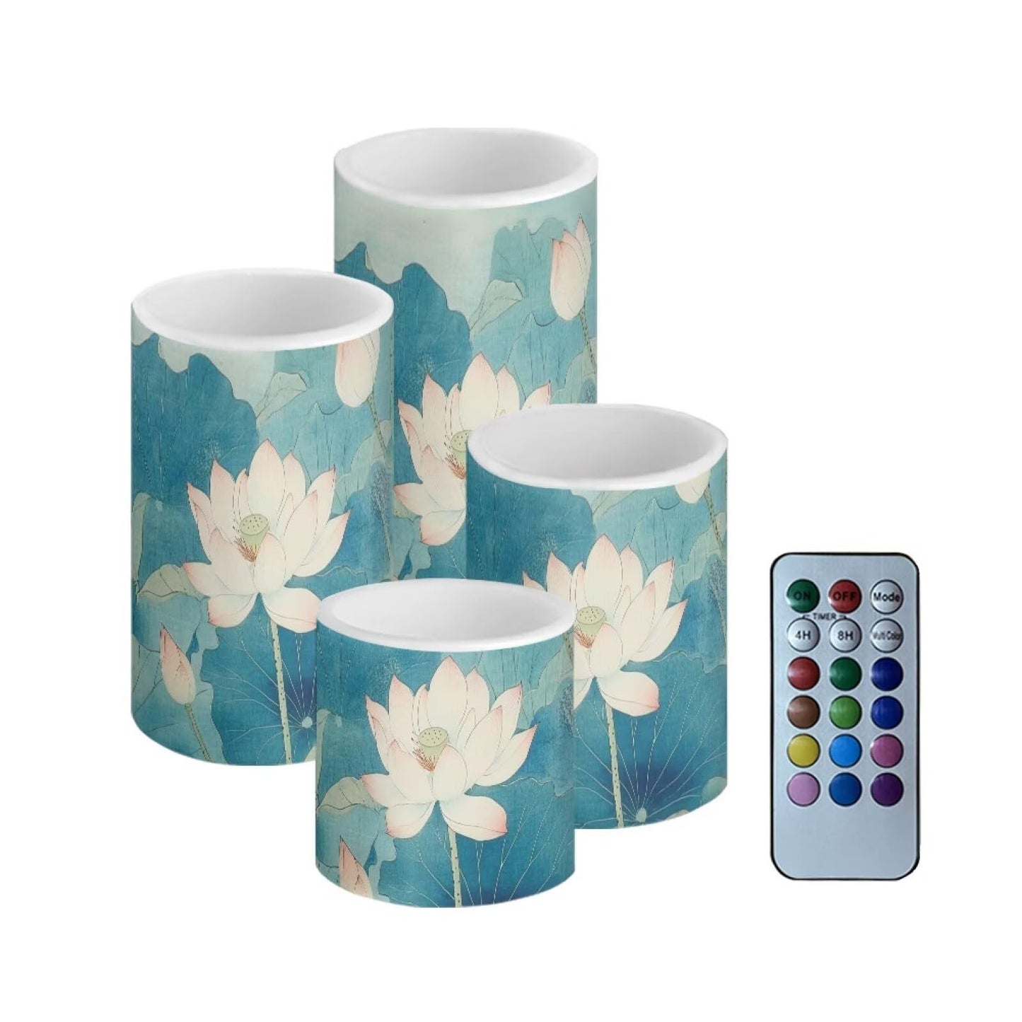 Cozeyat White Lotus Flameless Candles 4 Pack Battery Operated LED Pillar Candles with Remote Control Timer Color Changing Waterproof for Wedding Birthday Home
