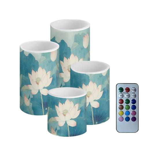 Cozeyat White Lotus Flameless Candles 4 Pack Battery Operated LED Pillar Candles with Remote Control Timer Color Changing Waterproof for Wedding Birthday Home