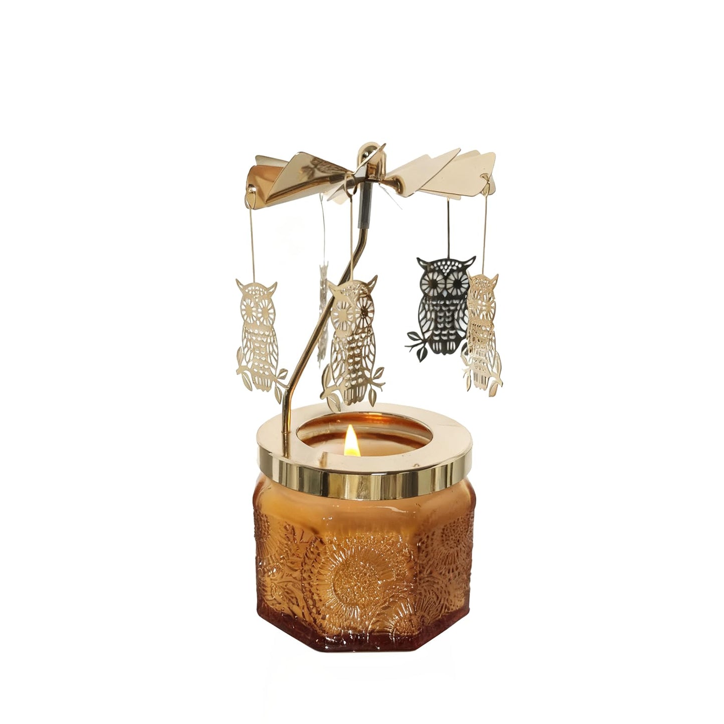kingnero Lavender Scented Candle Carousel Rotary Candle Holder Spinning Tea Light Birthday Gifts for Women, Mom, Wife, Girlfriend, Sister, Female Friends, (Golden Owl)