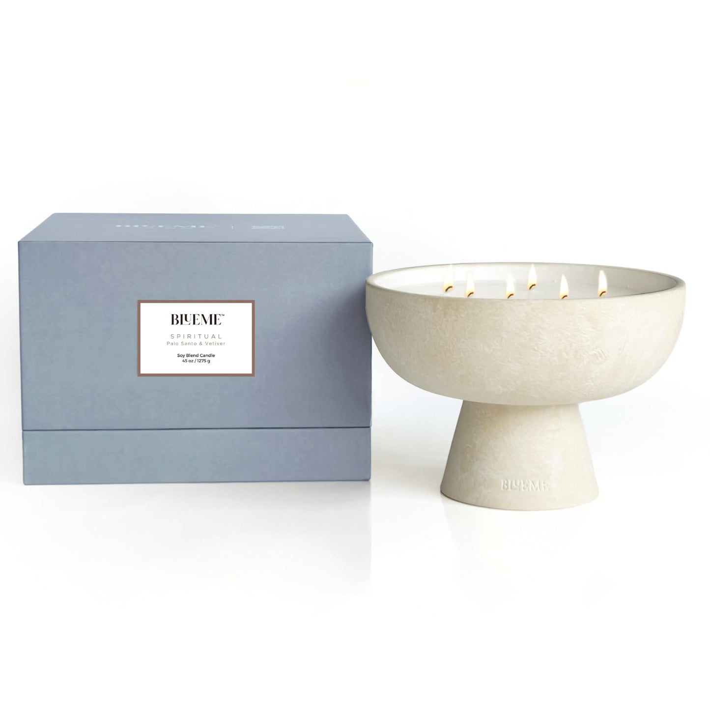 Blueme Spiritual Candle | Palo Santo & Vetiver | 6 Wick - Refillable Wellness Candle with Essential Oils, Hand Finished & Poured Soy Wax Blend Ceramic Vessel, Natural Cotton Wicks | Giant 45 oz