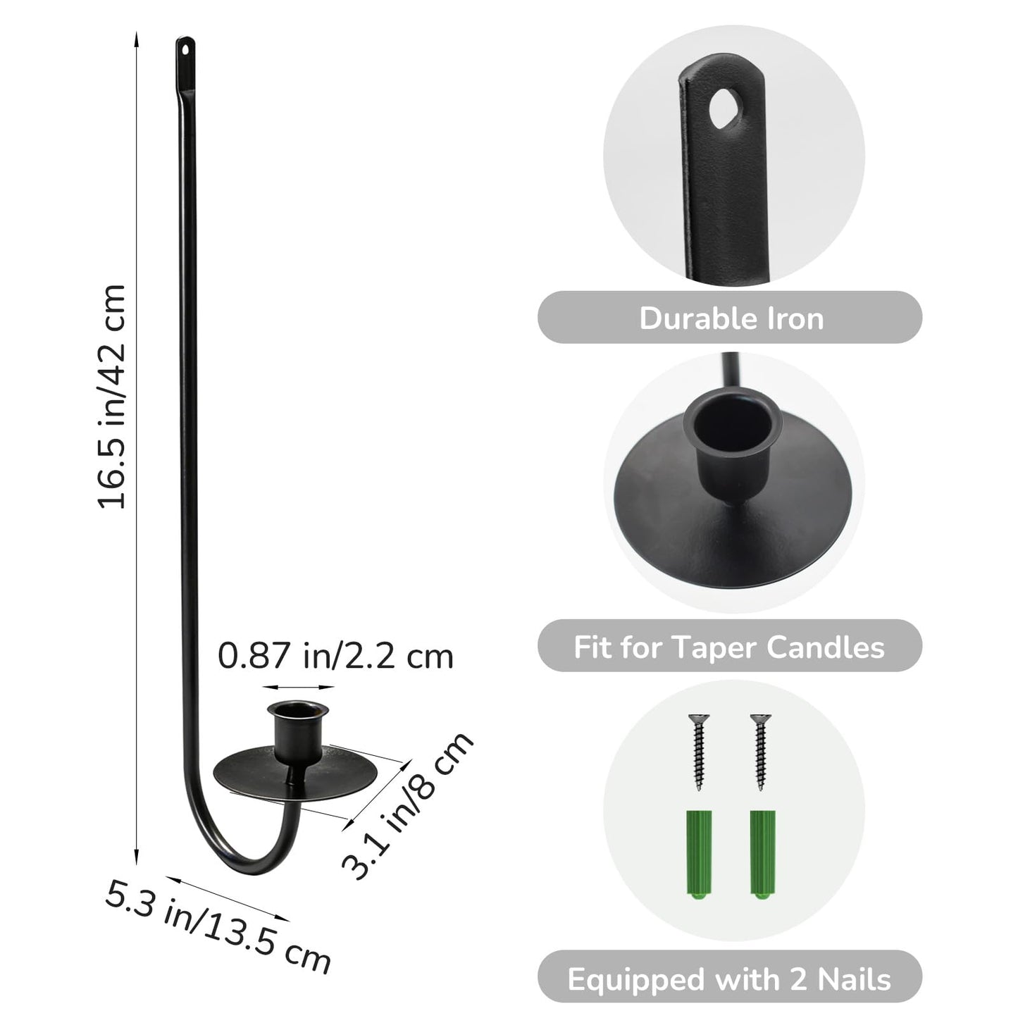 MrMrKura Wall Candle Sconces Set of 2, Metal Wall-Mounted Candle Holder for Taper Candles, Modern Wall Decoration for Farmhouse Fireplace Living Room (Black)