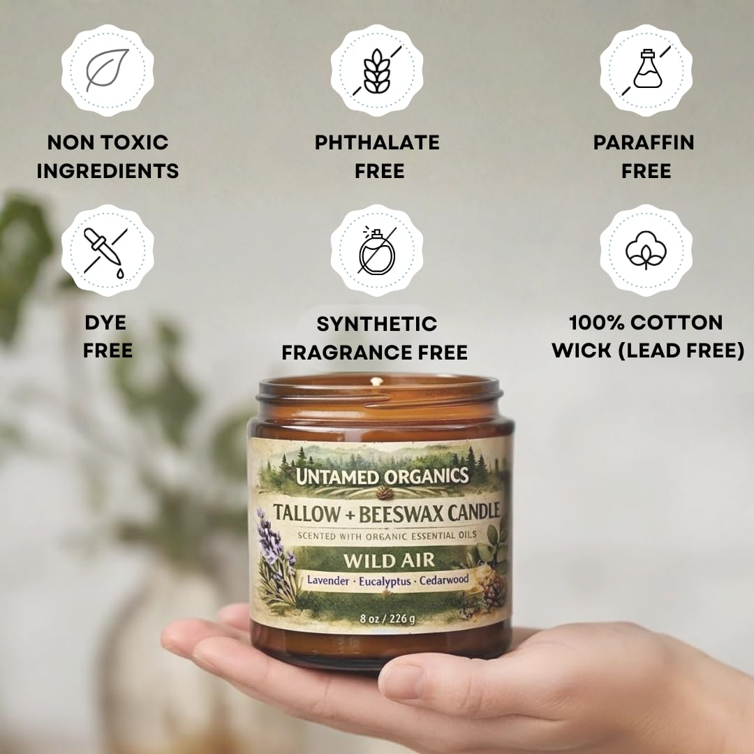 Untamed Organics Grass-Fed Tallow Candle, Essential Oil Scented (Lavender Eucalyptus Cedarwood), No Synthetic Fragrance, Non-Toxic, 100% Cotton Wick, Hand Poured, 8 oz Amber Glass Jar, 50+ Hr Burn