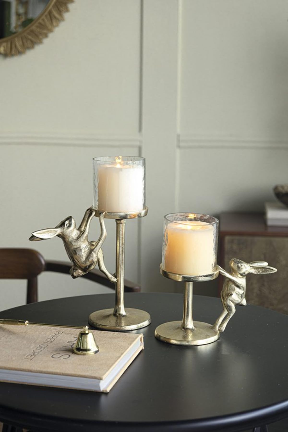Gold Rabbit Pillar Candle Holder with Glass Hurricane Shade, Decorative Animal Tabletop Candleholder for 2.5” Pillar Candles, Elegant Spring Easter Home Décor & Centerpiece Gift