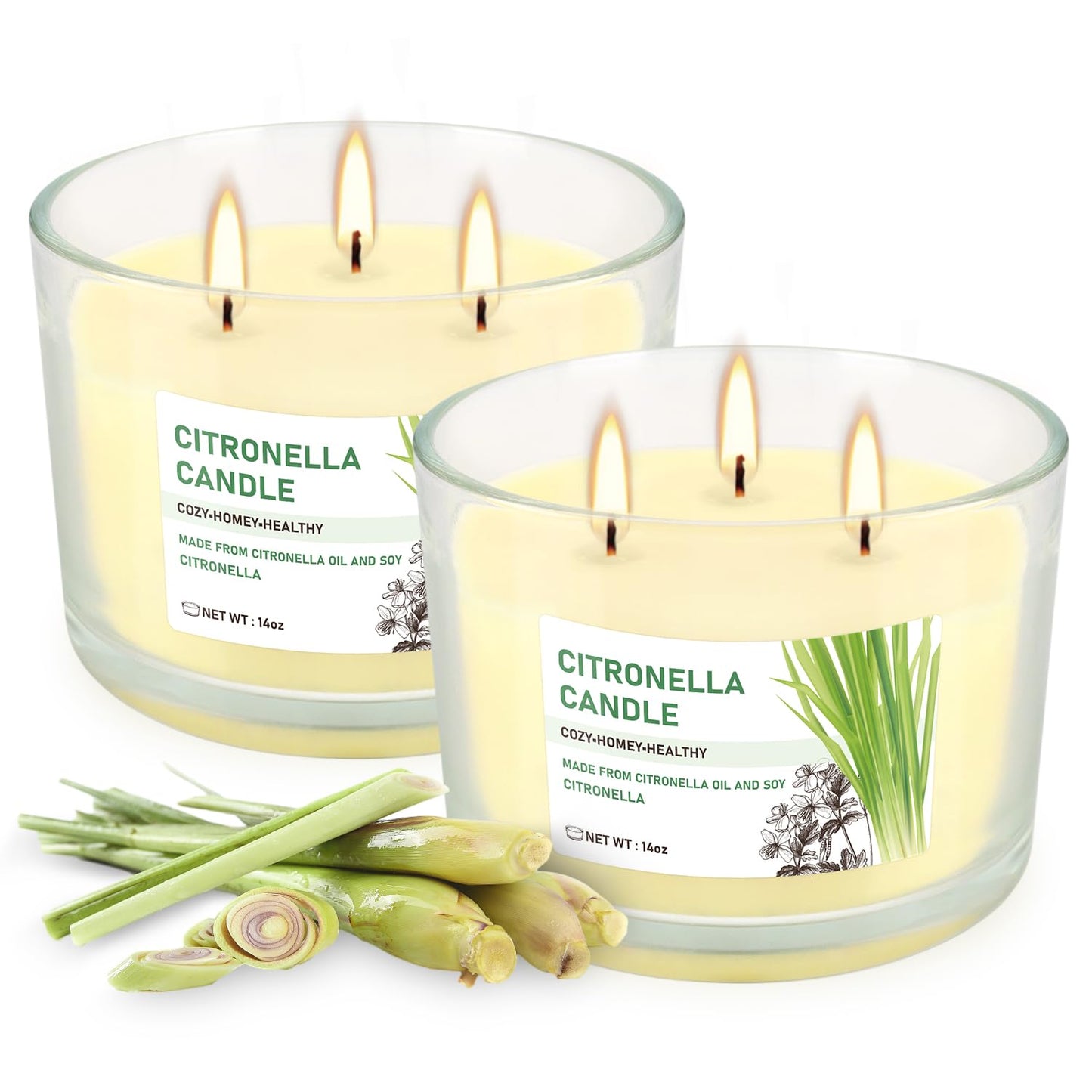 Citronella Candle Outdoor 2-Pack - 14oz Each 3-Wick Candles in Clear Glass Jars, Made with Citronella Oil & Soy Wax for Patio, Camping, Backyard, Emergency & Outdoor Ambiance.