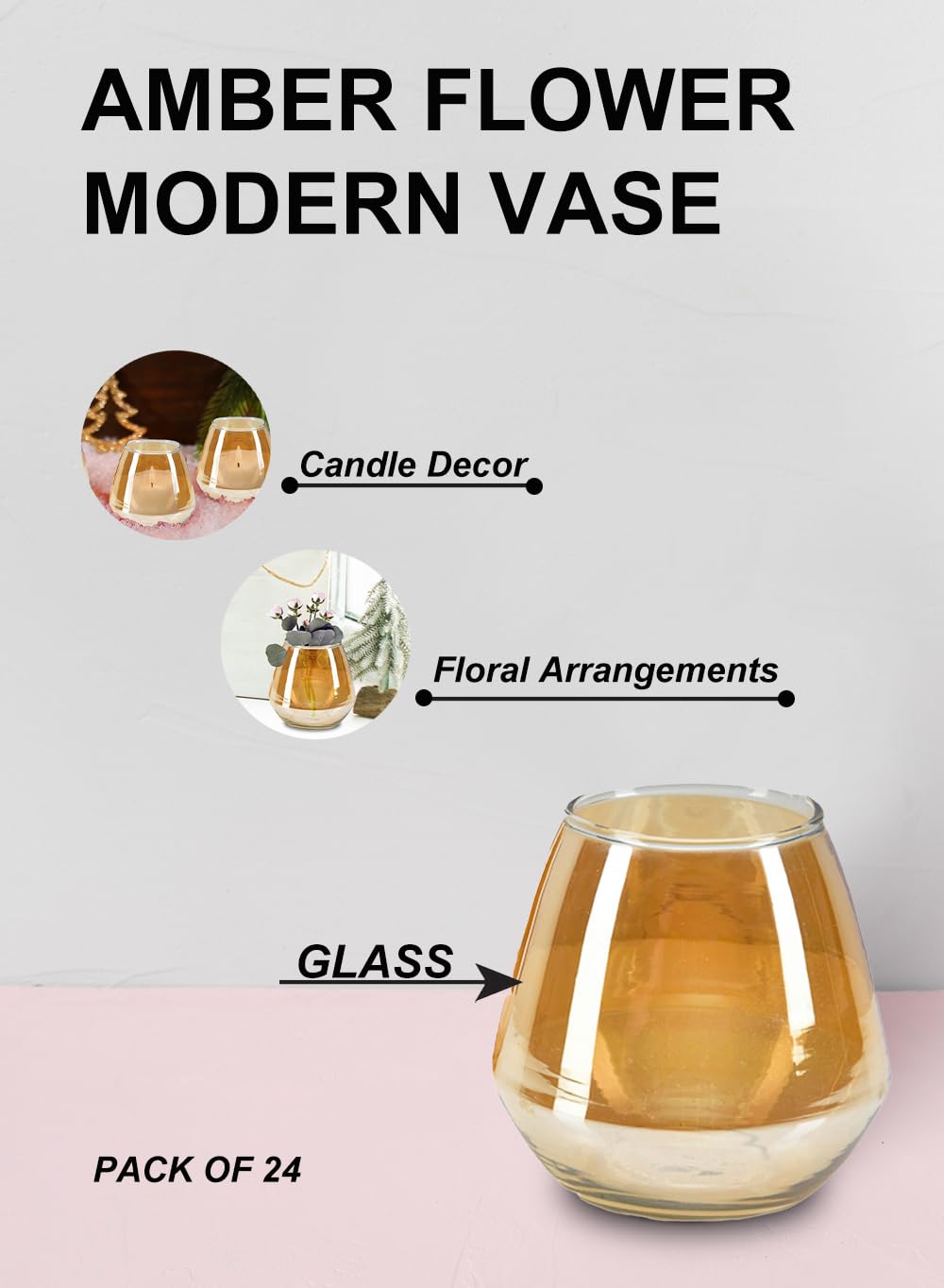 Serene Spaces Living Set of 24 Amber Flower Modern Glass Vase for Wedding, Home Decor, Living Room, Kitchen, Table Decorative Tealight Holder Centerpiece