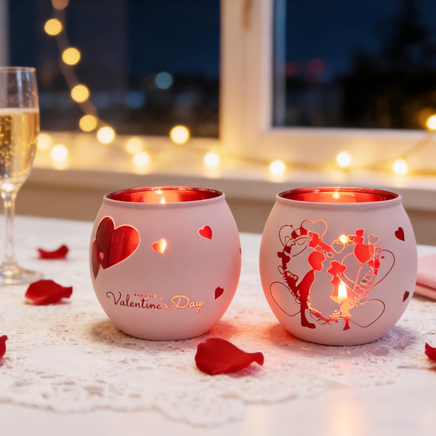 Heart Glass Tea Light Candle Holders, Votive Tealight Holder Table, Love Centerpiece Decorations for Valentines Wedding Party Decor (Pink-2)