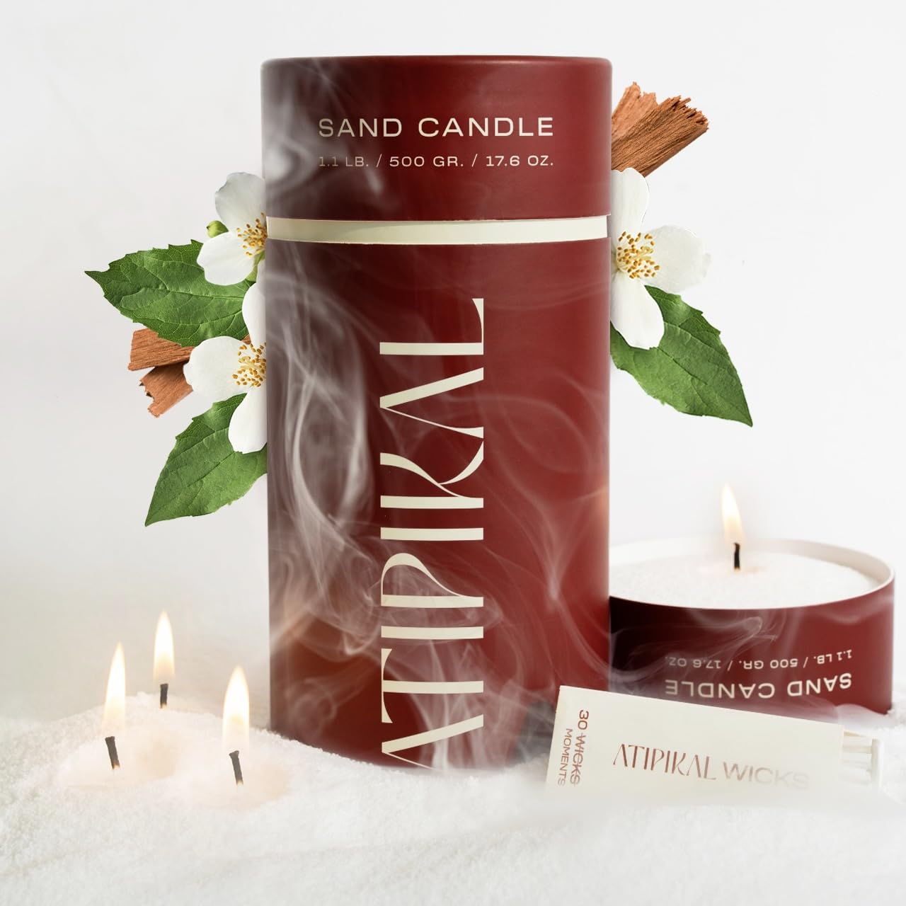 Atipikal Sand Candle 18oz - Saldalwood Jasmine Scented Pearled Candle with 30 Wicks up to 120 Hours Burning time, Luxury Long Lasting Pearled Candle Making kit with Wick