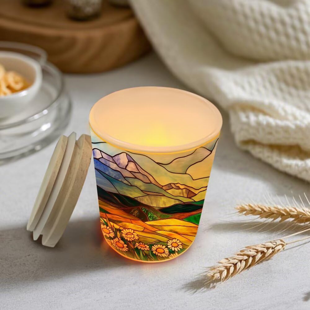 Stained Glass Bears Tea Light Candle Holders, Floral Tealight Candle Holder Jar with Wooden Lid, Farm Daisy Votive Candlesticks for Table Centerpieces, Christmas,Birthday Party,Home Decor