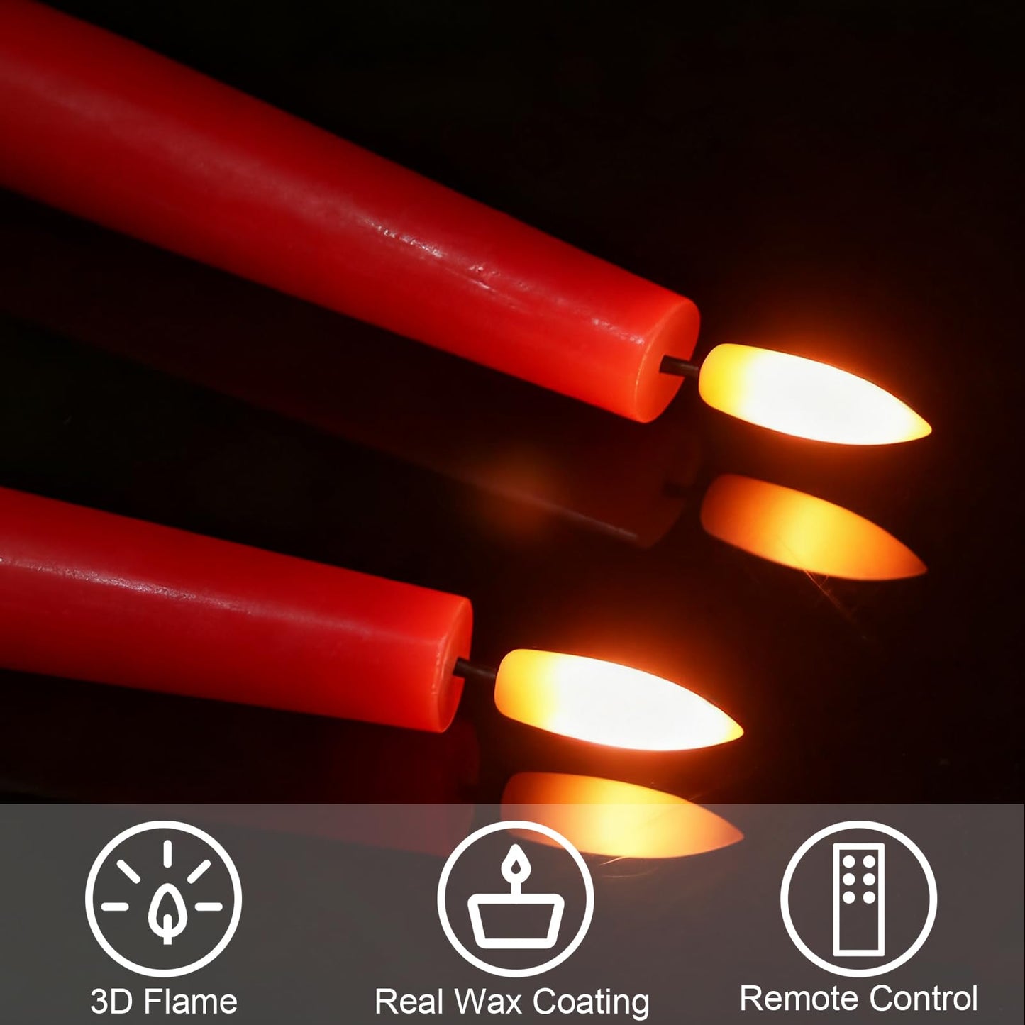 GenSwin Flameless Taper Candles, Set of 2 Red LED Taper Candles Battery Operated with Remote Timer, Real Wax Flameless Candlesticks with 3D Flame for Home Wedding Party Holiday Decor (0.78” x 9.65”)