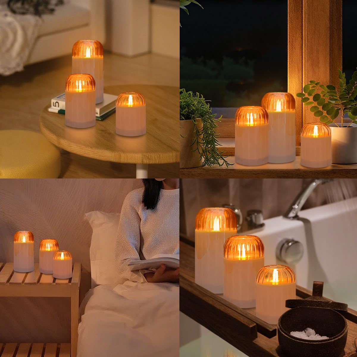 NICE POINT 3Pcs LED Candle Set Rechargeable with Remote Control,Grey Glass Flameless Candles,Candle Lights for Home Decor, Bedroom, Bathroom Accessories，Pumpkin Fake Candles for Halloween