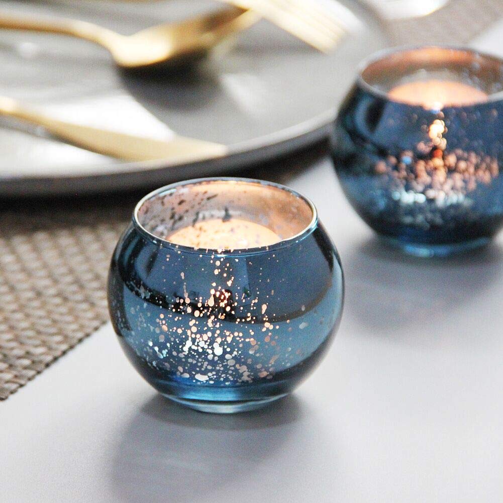 DerBlue 16Pcs Round Mercury Glass Votive Candle Holders for Wedding Centerpieces, Valentines Dinner, Garden Tub and Any Theme Events (Navy Blue)