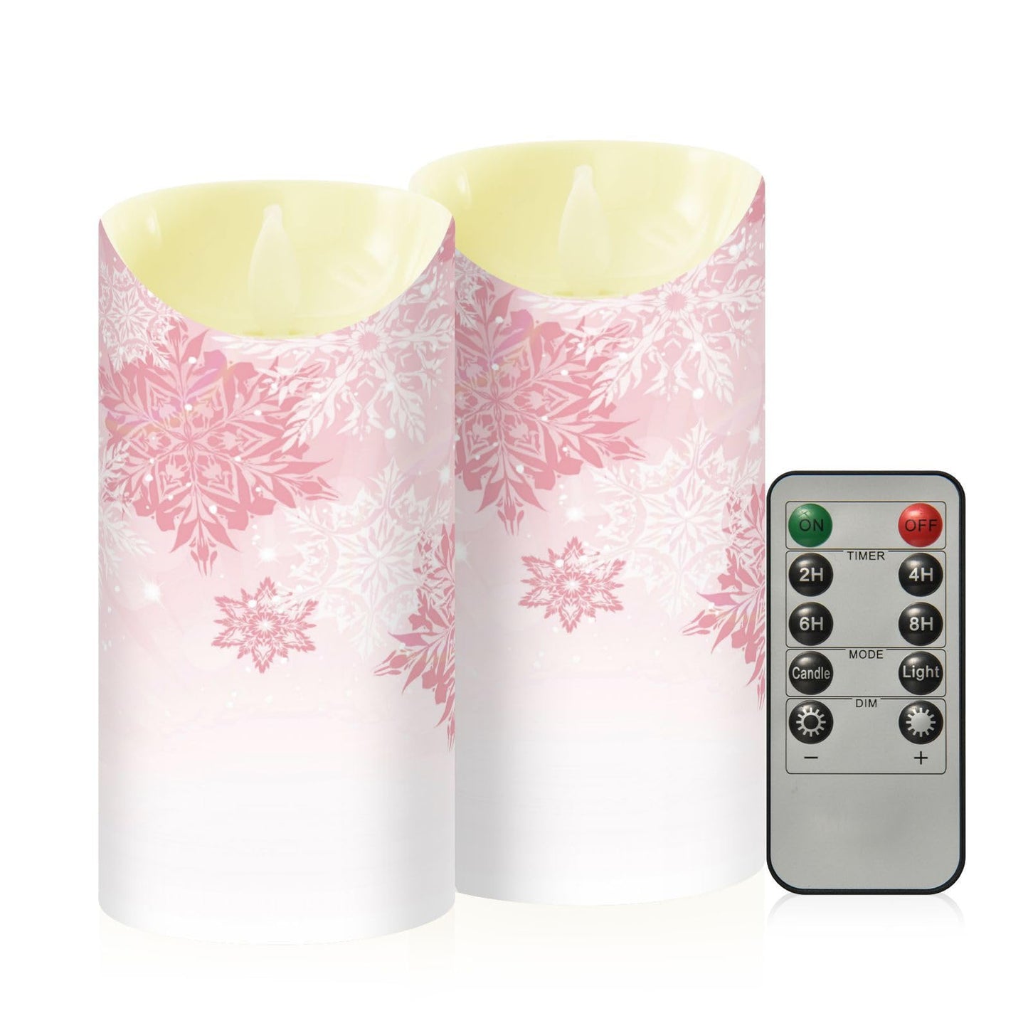 Christmas Flameless Candles Set of 2 Pink Snowflakes Realistic LED Candles with Remote Battery Operated Holiday Decorations
