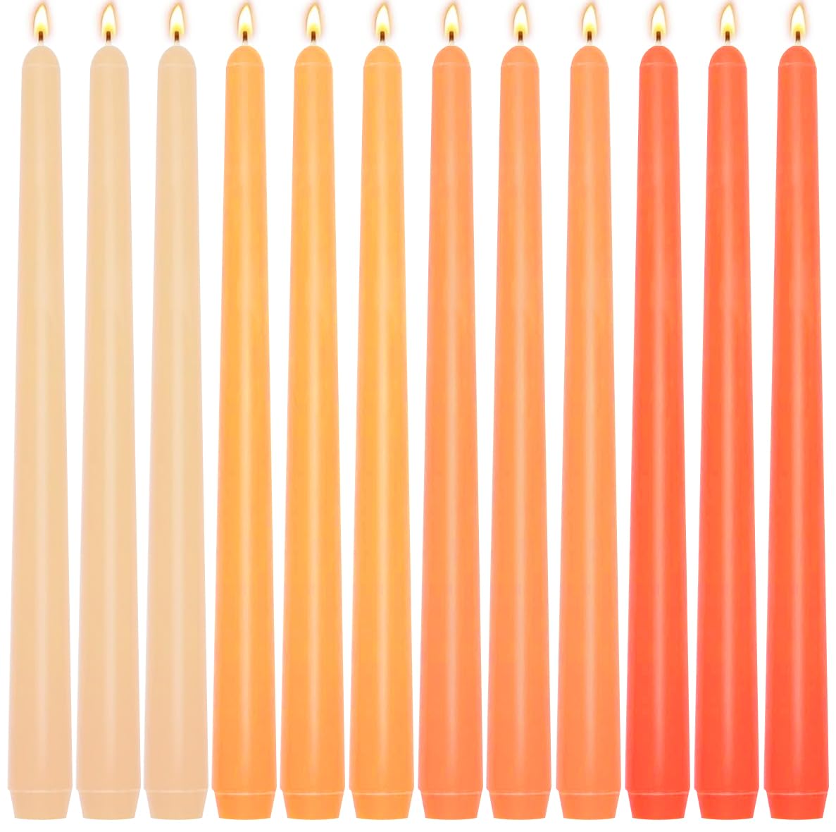 12-Pack Gradient Orange Taper Candles, 10 Inch Unscented Dripless Candlesticks, Long-Lasting Burn Time of 7-8 Hours, Perfect for Fall Harvest Halloween Thanksgiving Dinners Parties and Home Décor