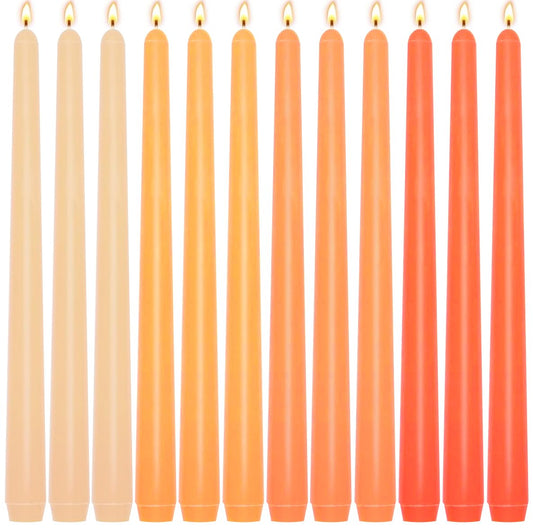 12-Pack Gradient Orange Taper Candles, 10 Inch Unscented Dripless Candlesticks, Long-Lasting Burn Time of 7-8 Hours, Perfect for Fall Harvest Halloween Thanksgiving Dinners Parties and Home Décor
