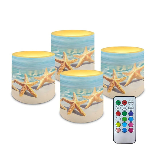 NETILGEN Flameless Candles Set of 4 Blue Beach Starfish Print Home Party Decor Realistic Flickering Flameless Candles with Timer Remote Control Battery Powered LED Candles