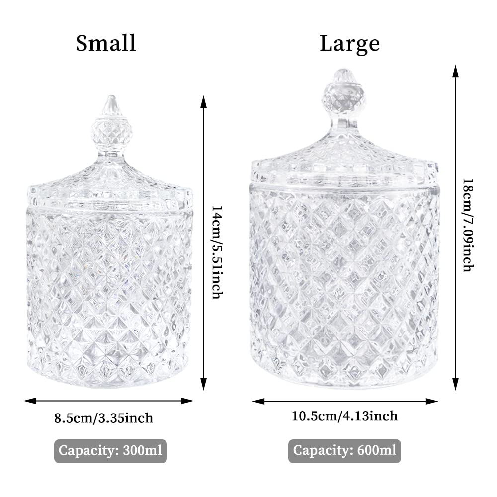 FHDUSRYO 2Pcs Crystal Jar with Lid, Glass Sugar Bowl Decorative Candy Jars, Diamond Candy Dish, Crystal Cookie Tin Biscuit Barrel, Buffet Container, Qtip Holder for Home (10+24oz, Clear)