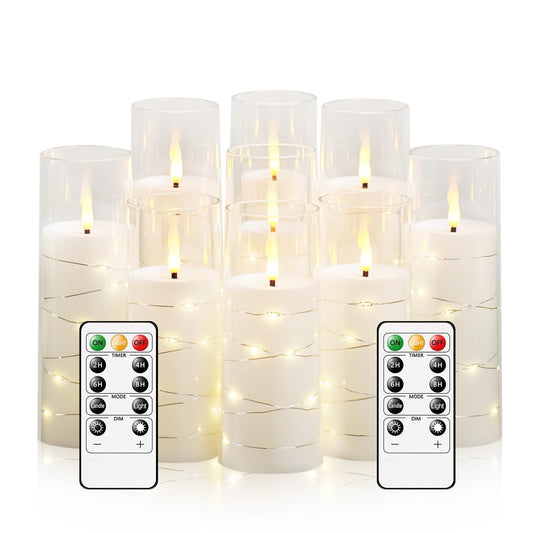 kakoya Flameless LED Candles with Timer 9 Pc Flickering Flameless Candles for Romantic Ambiance and Home Decoration Stable Acrylic Shell,with Embedded Star String，Battery Operated Candles（White）