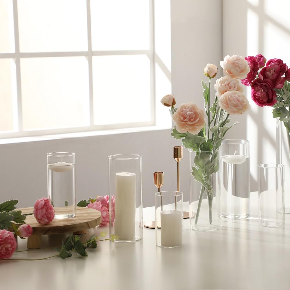 PNJHDZ 24 Pcs White Pillar Candles and Glass Candle Holders Cylinder Candle Vases for Pillar Candles Hurricane Candle Holders Set for Wedding Party, Event, Home Office Decor