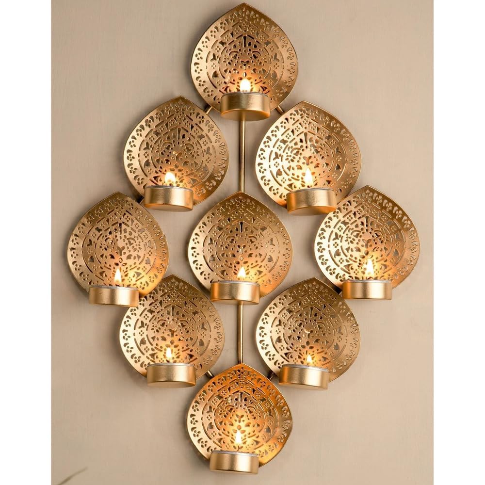 Metal Wall Decor Tea Light Holder, 9 Leaf Design, Gold, Wall Mounted Candle Arrangement