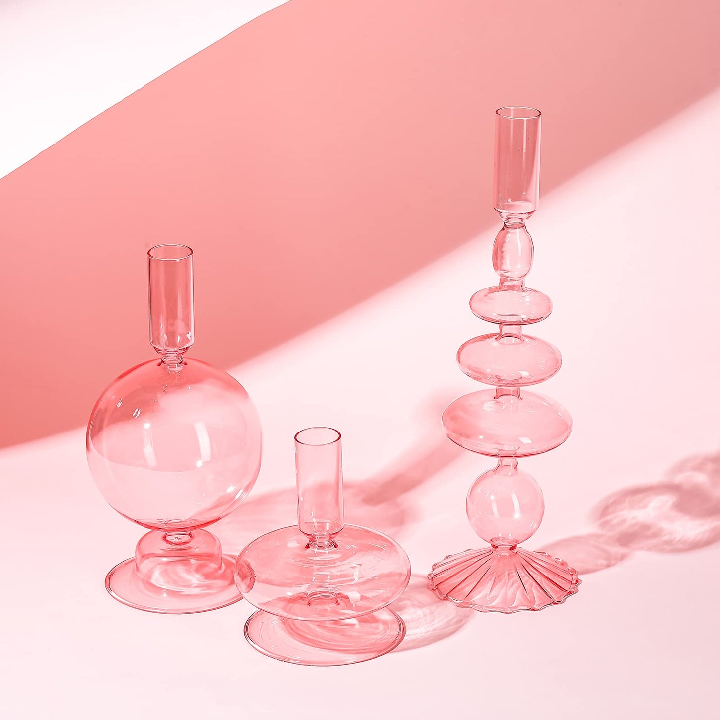 Rtteri 3 Pcs Glass Candlestick Holders Glass Candle Holders Groovy Wavy Elegant Taper Candle Stick for Wedding Home Birthday Party Easter St Patricks Day Decoration Windowsill Decor(Pink)