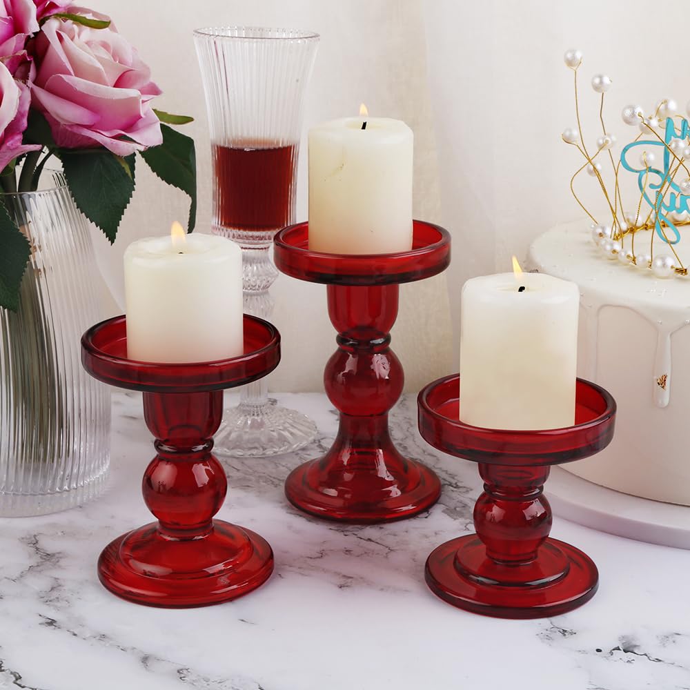 BTGLLAS 3-Piece Set of Red Glass Candlestick, Crystal Candlestick Holder Holder and Conical Candle, Christmas Candle Holder Decoration, Family Living Room Wedding Candle Holder (red1set)