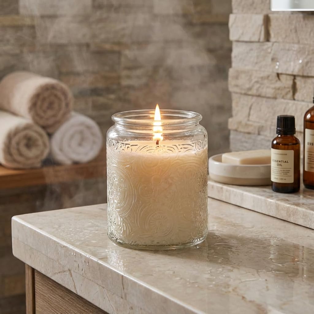 9-Pack 8oz Embossed Glass Candle Container with Bamboo Lids and Labels, Clear Candle Jars for Making Candles, Sun Moon Star Design