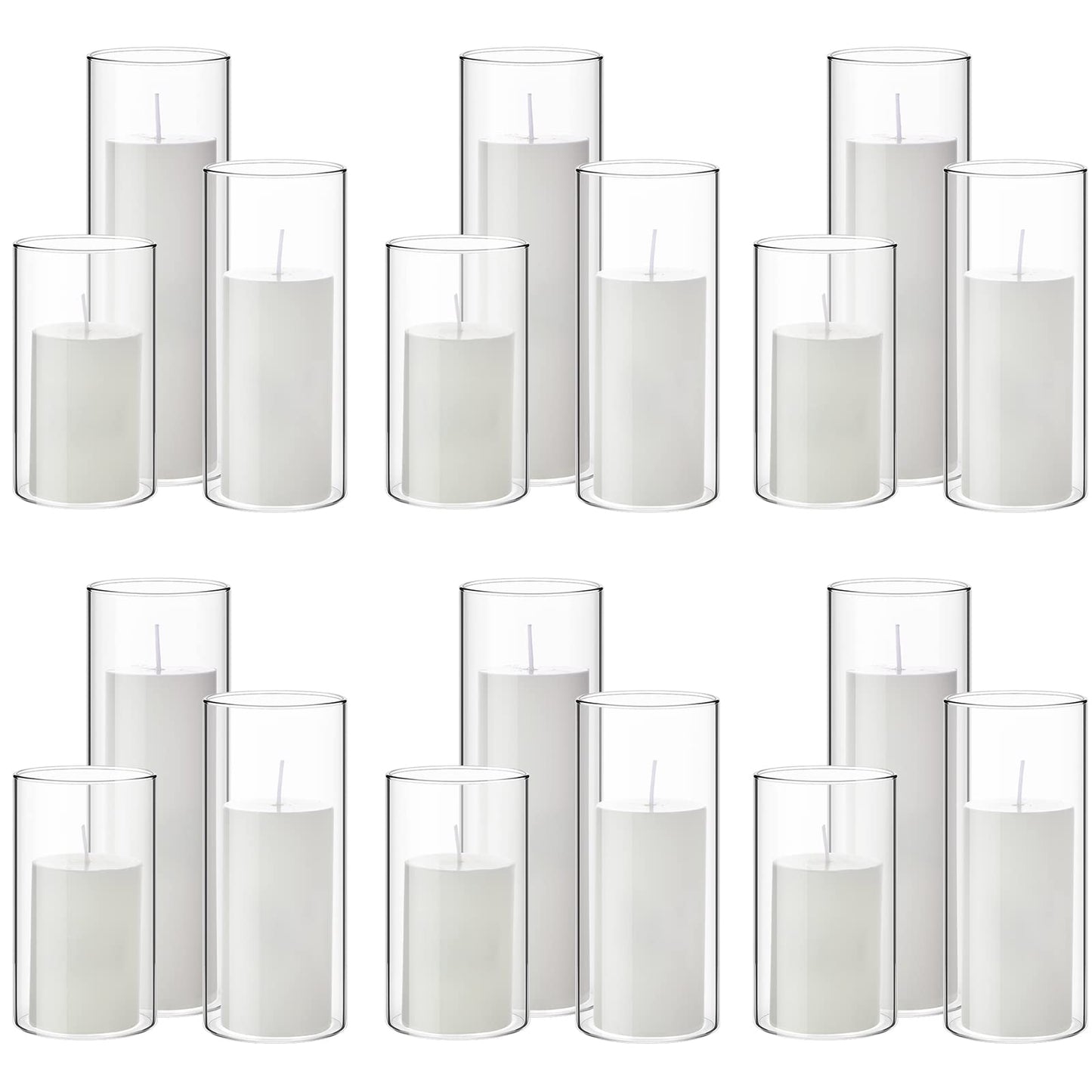 Shihanee 36 Pcs Pillar Candles and Glass Cylinder Vases Tall Cylinder Holders for Pillar Candles Wedding Centerpieces, Total 18 Sets(2.6'' X 4.7'', 5.9'', 7.9'',Clear,White)
