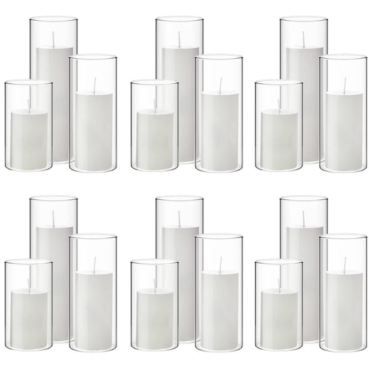Shihanee 36 Pcs Pillar Candles and Glass Cylinder Vases Tall Cylinder Holders for Pillar Candles Wedding Centerpieces, Total 18 Sets(2.6'' X 4.7'', 5.9'', 7.9'',Clear,White)