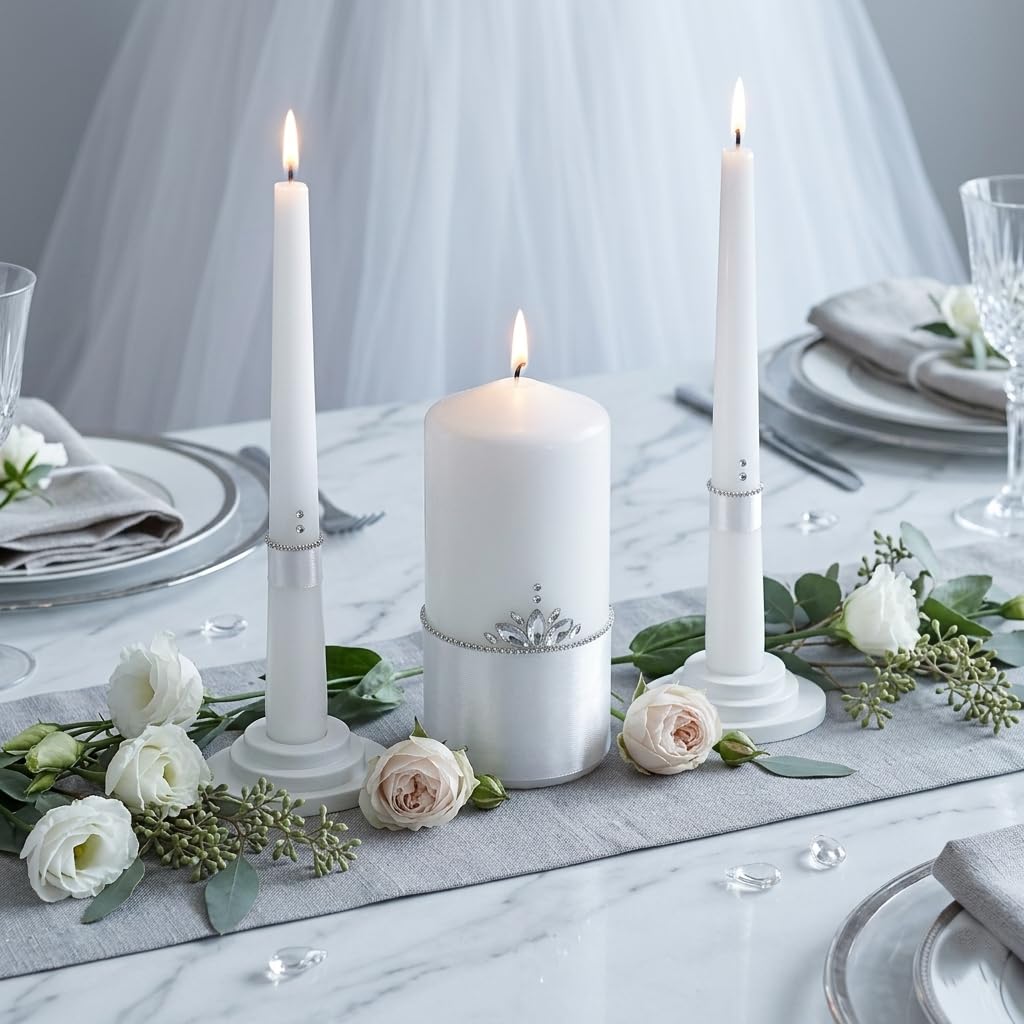 Magik Life Unity Candle Set - Wedding Ceremony & Reception Candle – 6” Pillar & Two 10” Taper Candles – Long Burning Unity Candles for Marriage Ritual – Handmade in USA –White |Classic|Crown