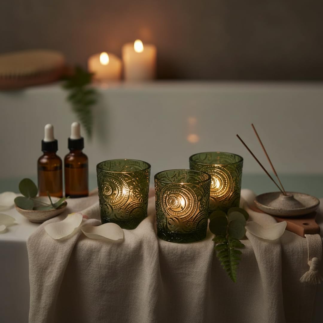 6 Pack Patented Sun Moon Star Embossed Glass Tea Light Candle Holders - Unique Votive Candle Holders for Wedding, Party, and Table Centerpieces (Moss Green)