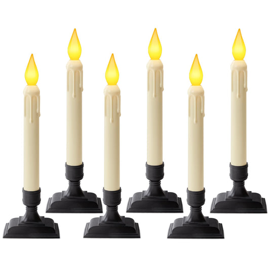 Meigic 6 Pcs Sensor Dawn to Dusk Window Candles, Flickering Battery Candles for Windows, Ultra Bright Fake Candle Lights with Black Holders, Led Candlesticks for Xmas Home Decor, Warm Yellow Light