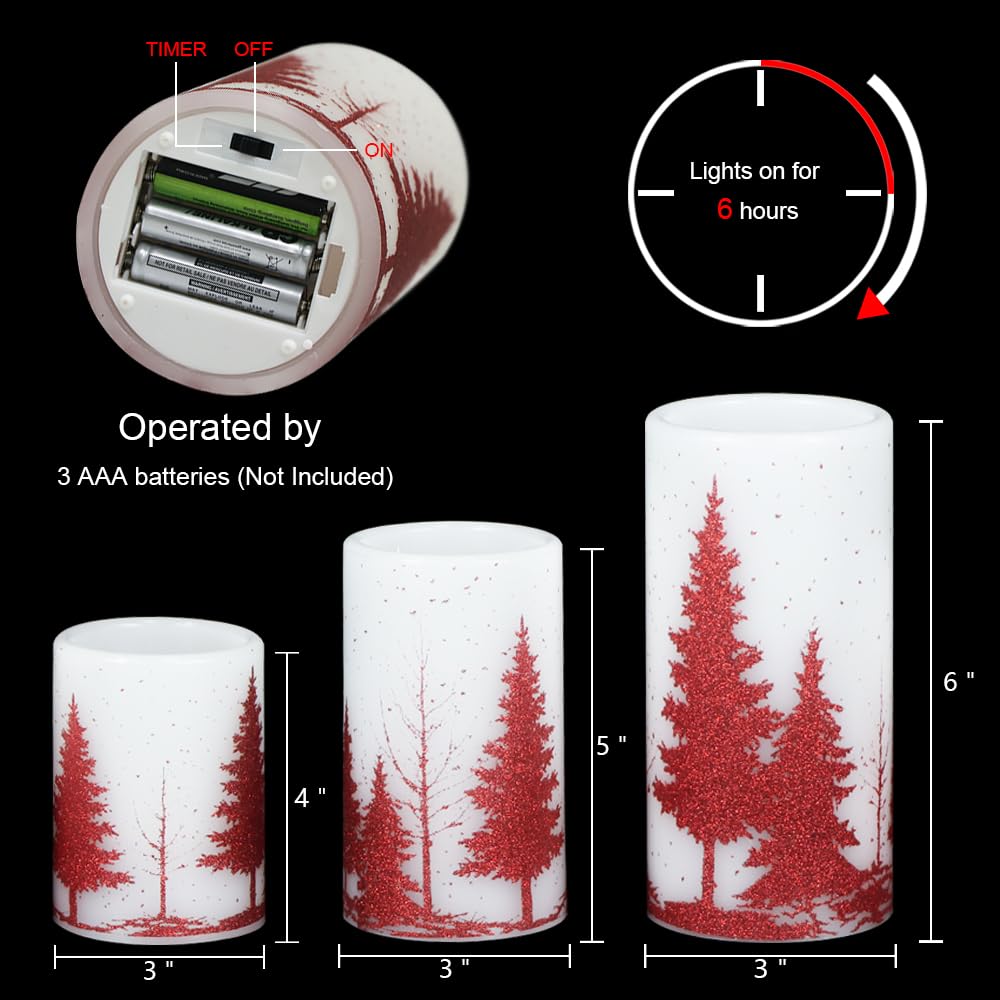 GenSwin Christmas Flameless Candles with Timer, Red Christmas Tree LED Flickering Candles Real Wax, 3 Pack Pillar Fake Candle for Winter Indoor Fireplace Christmas Decor Table(D3” x H4”5”6”)
