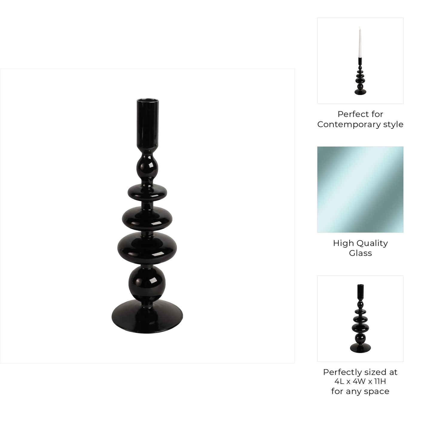 Glass Taper Candle Holder - Candle Holder for Sculptural Candlelight - Dining Room Table Decor or Mantel Display - Modern Disc and Sphere Design Accent, Home Decor – 11", Black