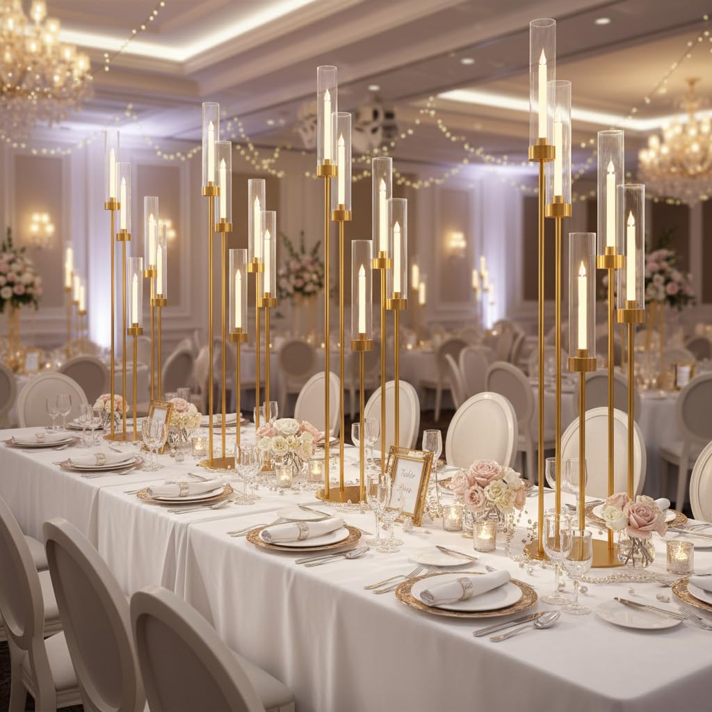 2PCS Gold Floor Candelabra,5 Arm Candle Holder Tall Floor Candle Holder with Acrylic Lampshade for Wedding Table Birthday Party Home Decoration Fit LED Taper Candles