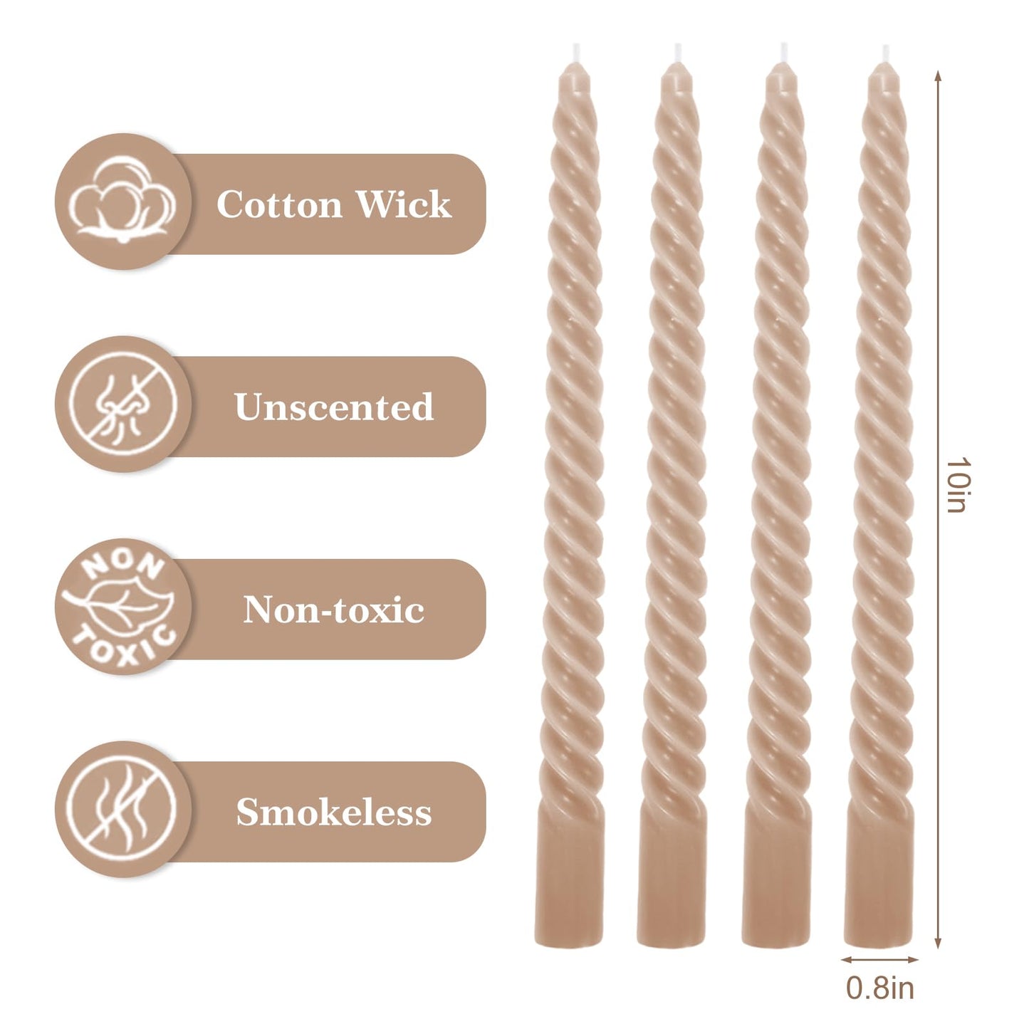 Whaline 8 Pcs 10 Inch Sahara Beige Spiral Taper Candles Dripless Twisted Wax Candles Long Unscented Candlesticks for Wedding Holiday Celebration Home Party Dining Table Supplies