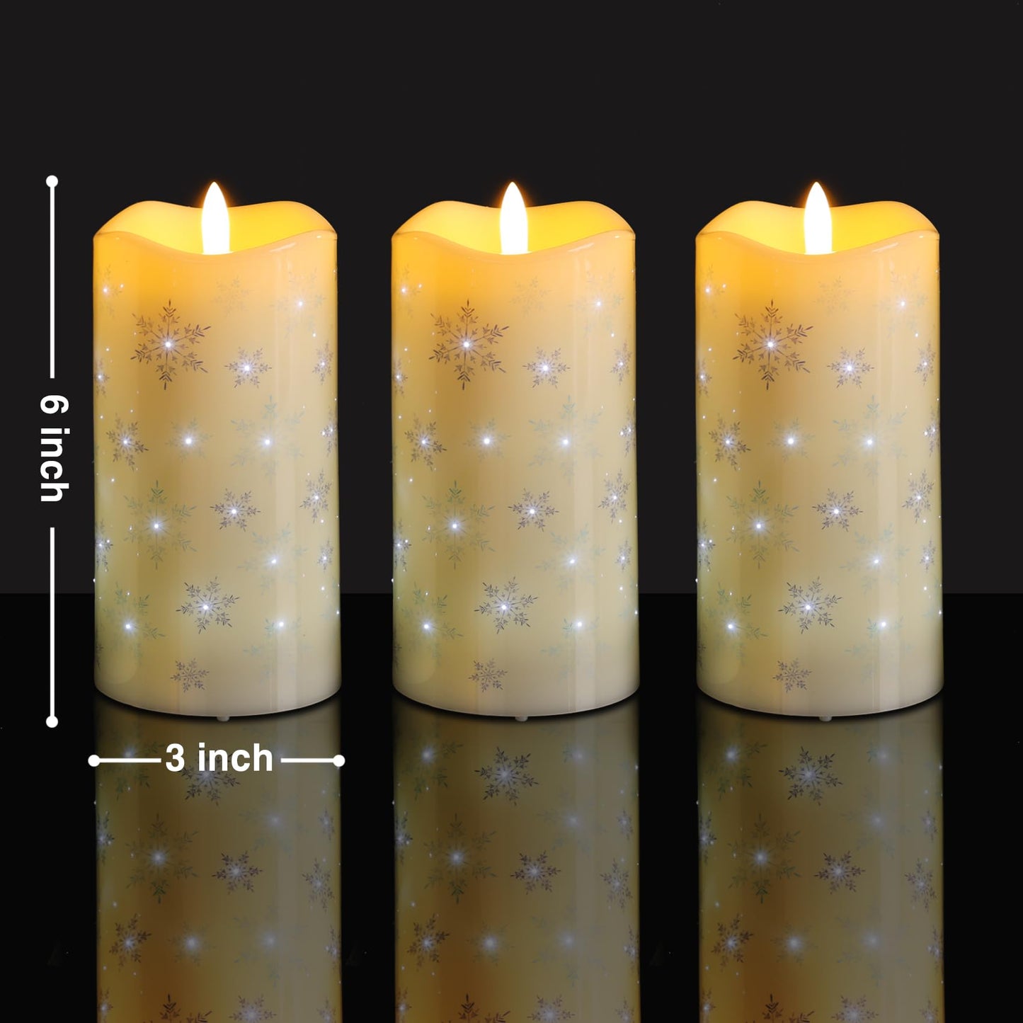 Eywamage Christmas Flameless Pillar Candles with Remote, Snowflakes Fiber Optic LED Candles Battery Operated Set of 3